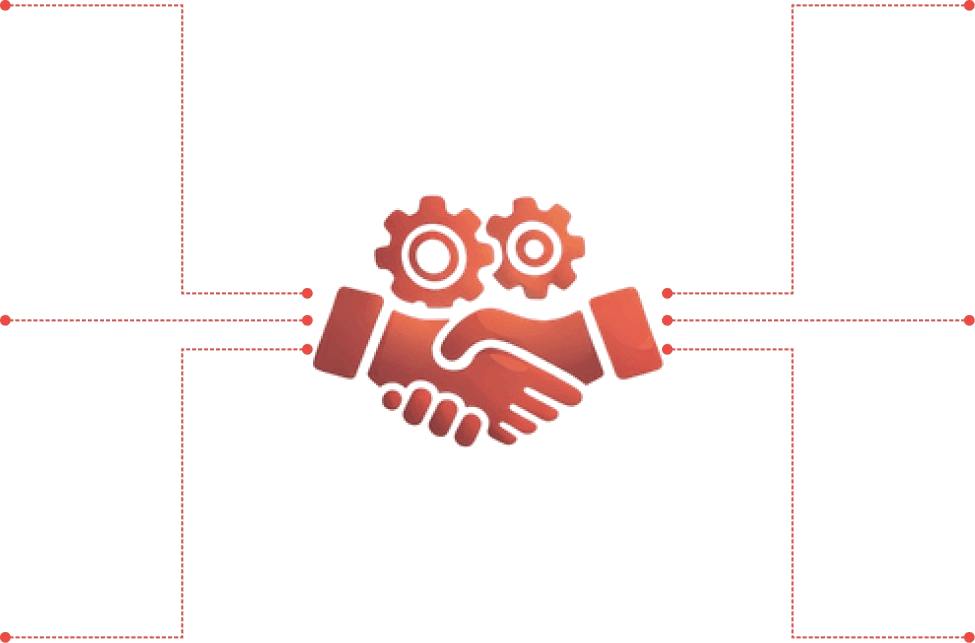 Partnership hub: handshake with gears and connector lines to collaboration points.