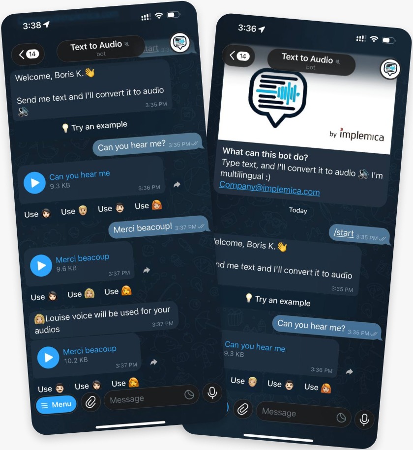 Text To Audio messenger bot shown on mobile devices