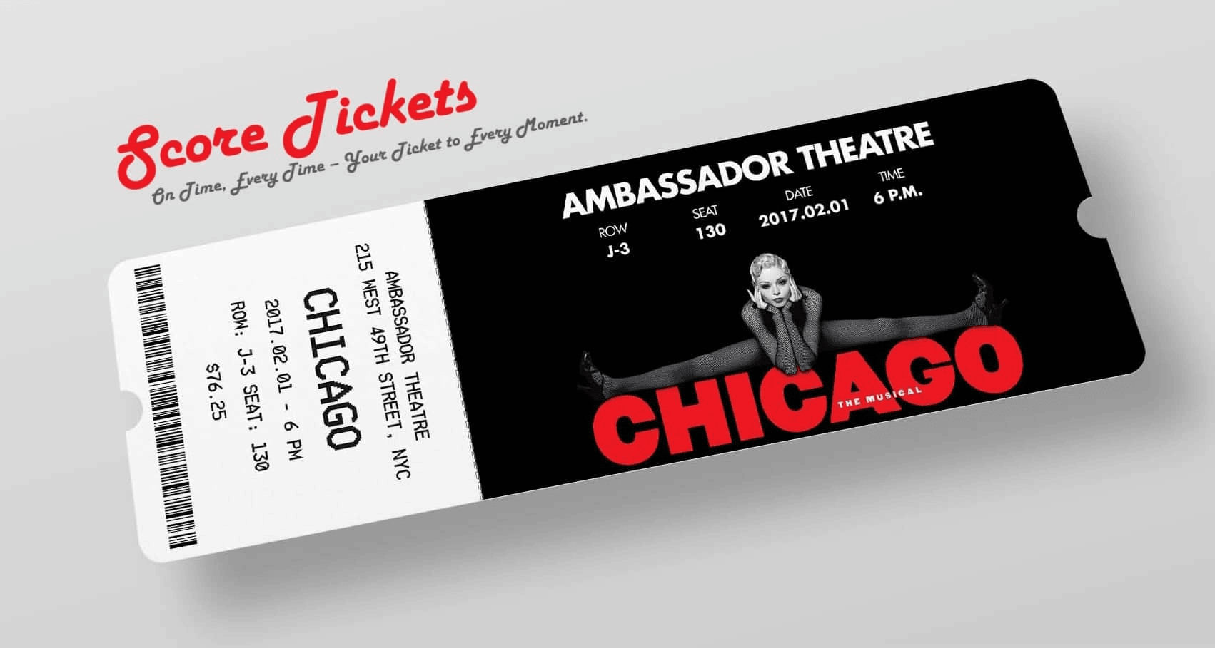 Score Tickets branding and Chicago theater ticket graphic