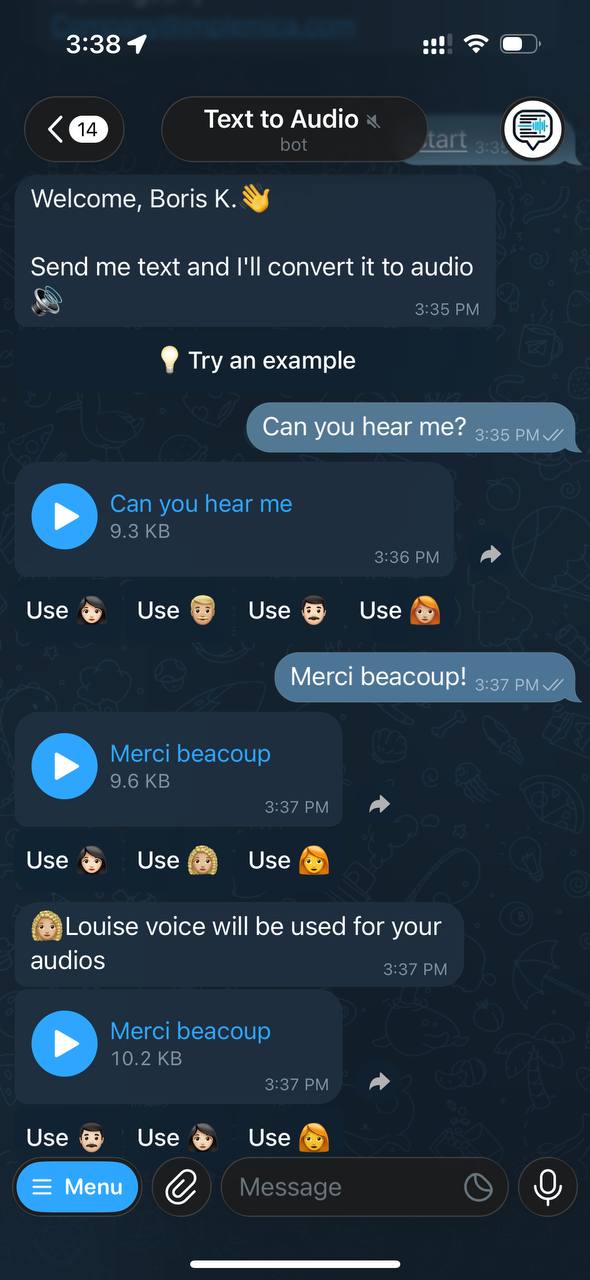 Text To Audio Telegram bot screenshot